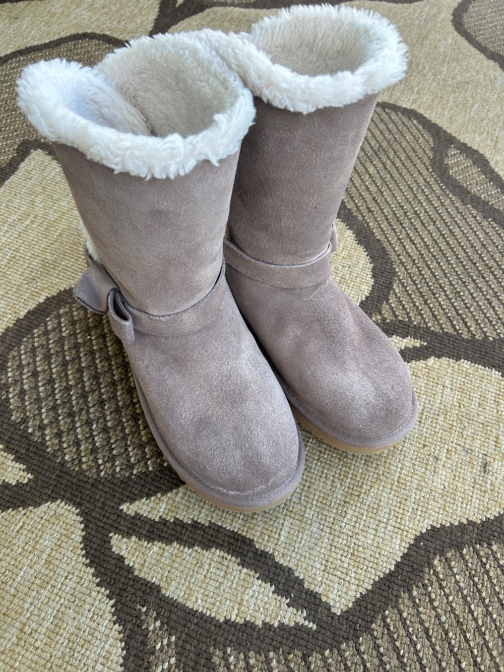 Koolaburra Taupe Suede Shearling Mid-Calf Boots with Bow